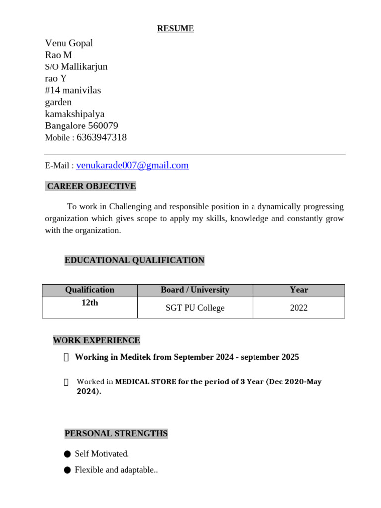 Venu Gopal Rao M - Resume Overview | PDF
