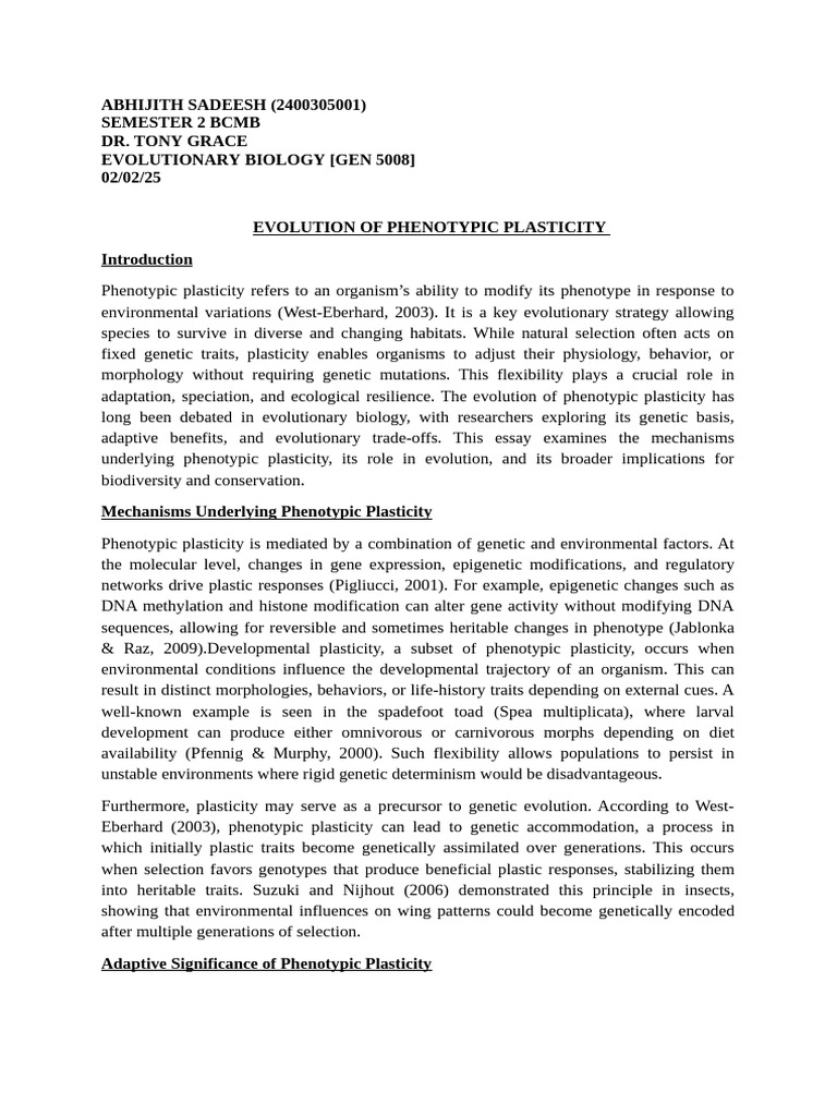 Evolution of Phenotypic Plasticity | PDF | Evolution | Phenotype