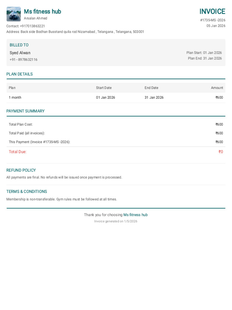 Ms Fitness Hub Invoice #1735 - January 2026 | PDF