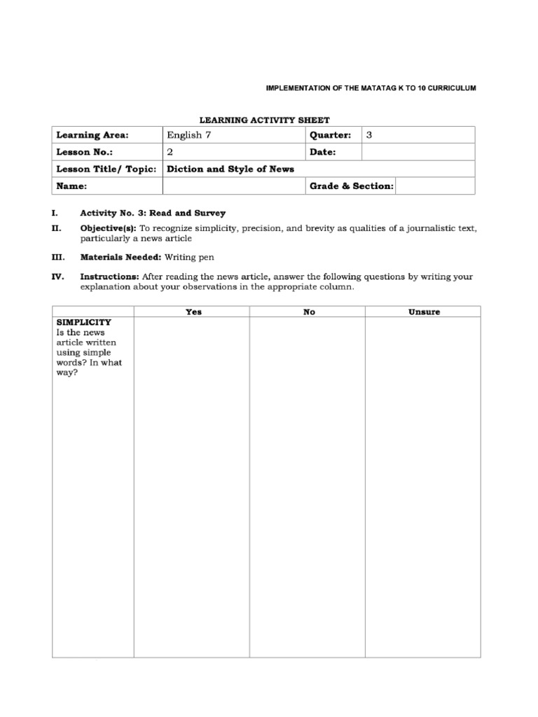 Read and Survey Worksheet | PDF
