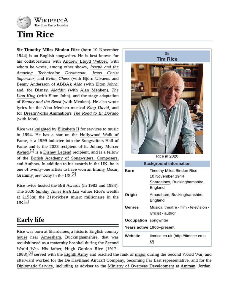 Tim Rice: Renowned English Songwriter | PDF