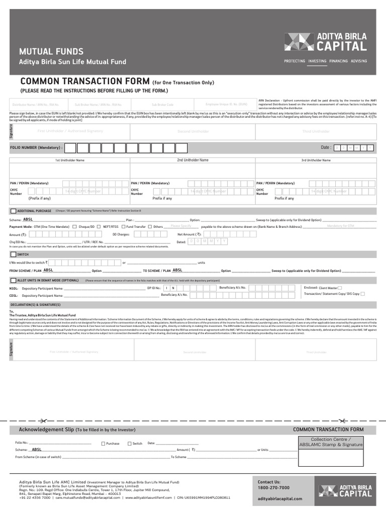 Aditya Birla Mutual Fund Transaction Form | PDF | Financial Services