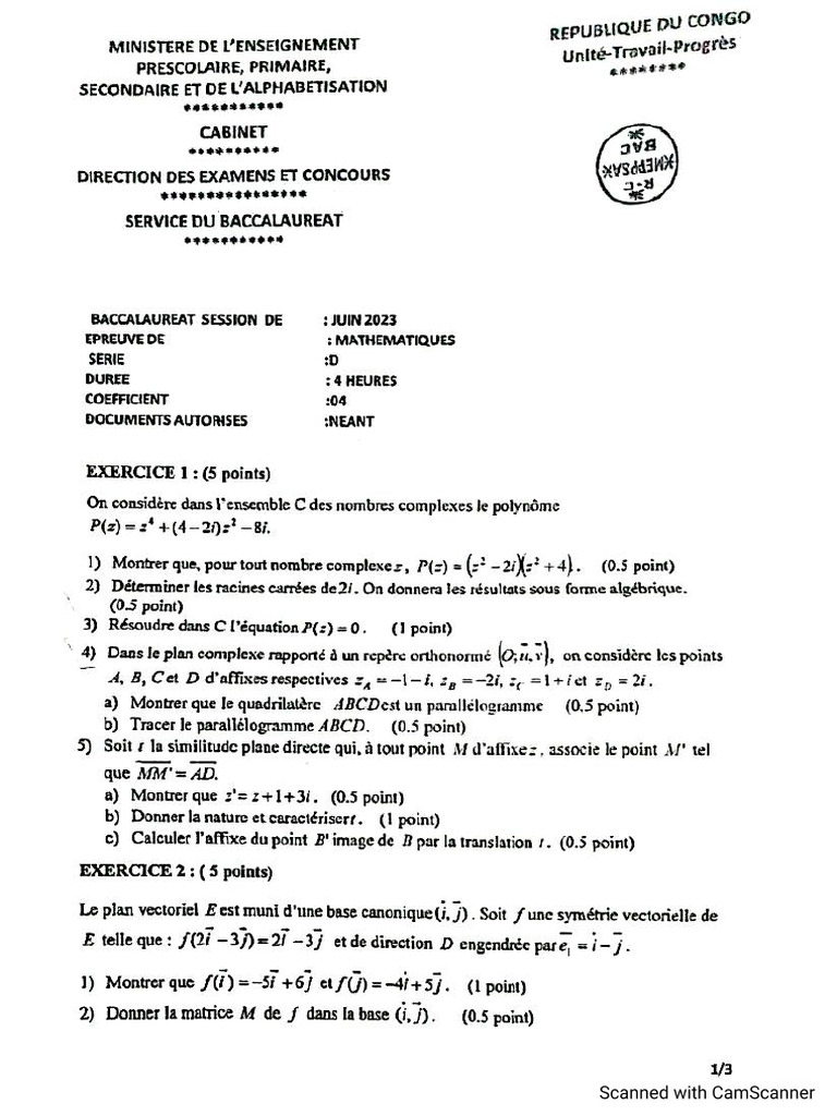 Bac D 2023 + Corrigé (Math) | PDF
