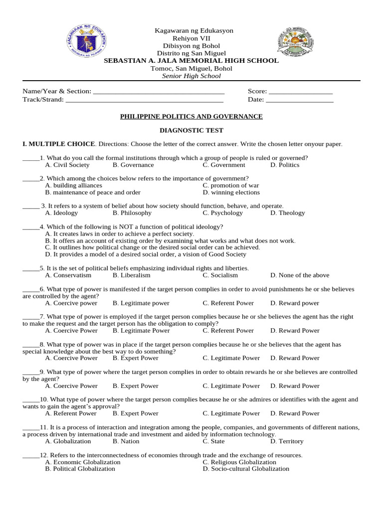 Philippine Politics and Governance Test | PDF | Power (Social And ...