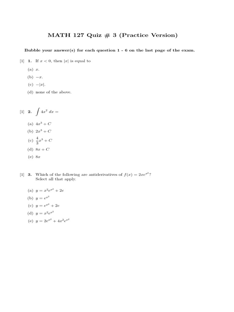 MATH 127 Quiz 3 Practice Questions | PDF
