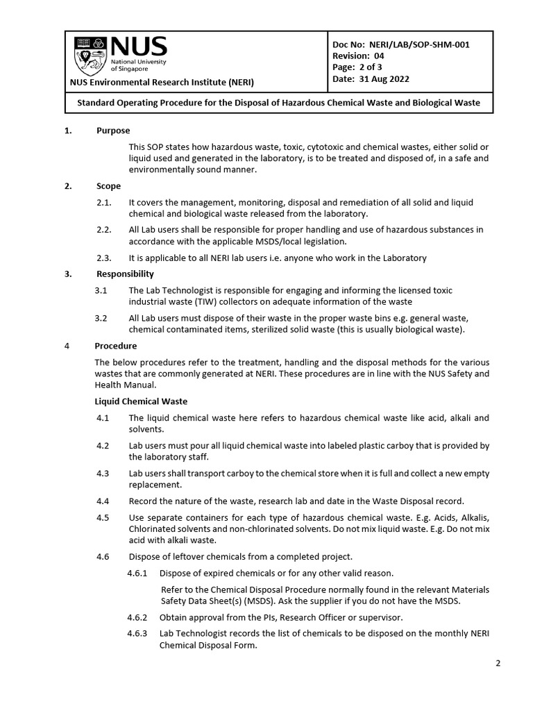 Hazardous Waste Disposal SOP NERI | PDF | Waste | Materials