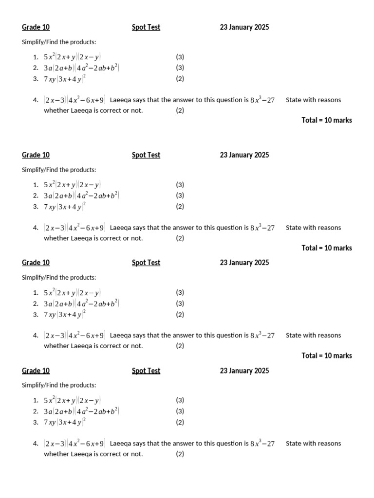 Grade 10 Math Spot Test Solutions | PDF