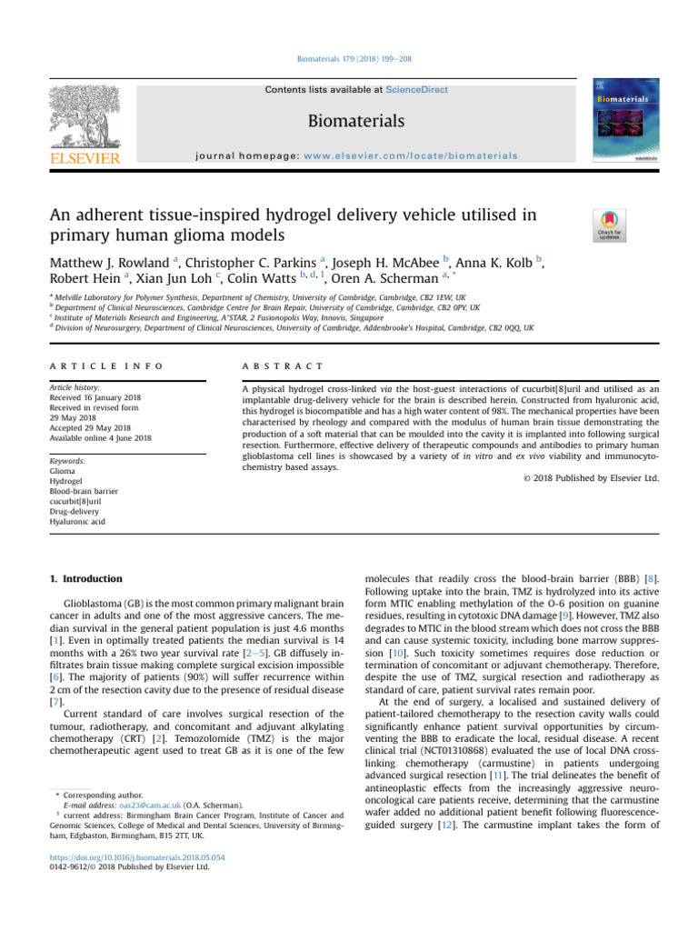 An adherent tissue-inspired hydrogel delivery vehicle utilised in ...
