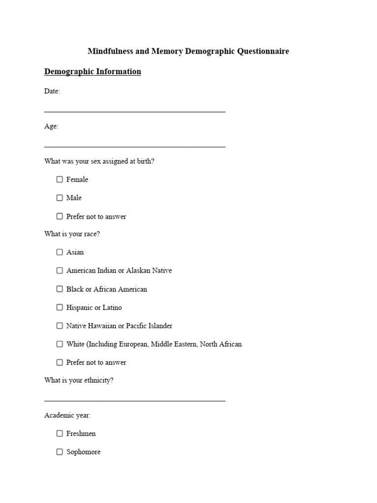 Mindfulness Memory Questionnaire Form | PDF