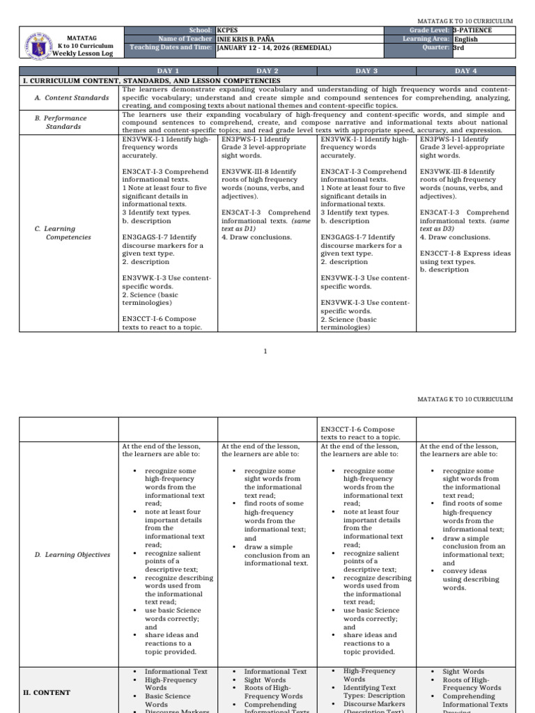 Grade 3 English Weekly Lesson Plan | PDF | Word | Curriculum
