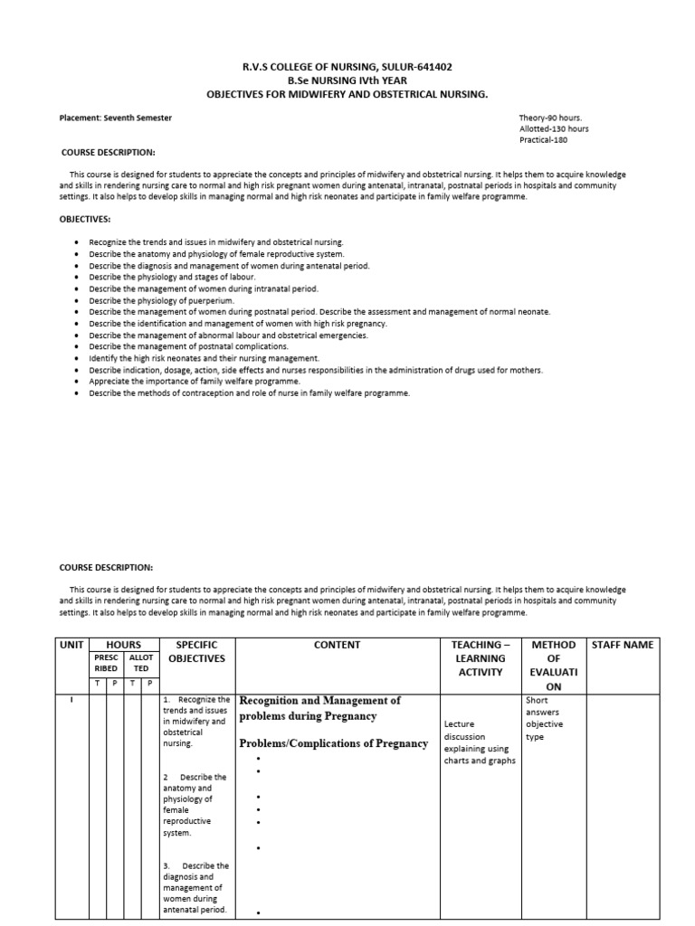 Obg Course Plan 2 | PDF | Childbirth | Postpartum Period