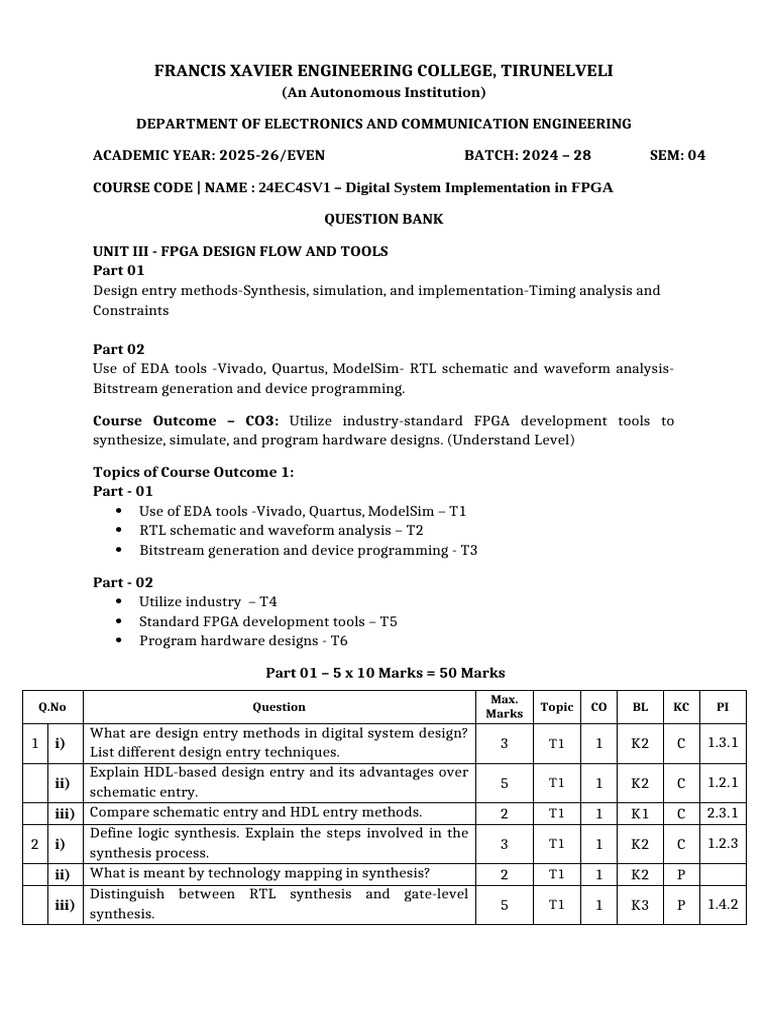 FPGA Design Flow Question Bank | PDF | Field Programmable Gate Array ...