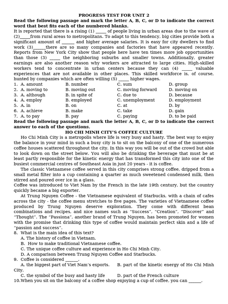 Unit 2 Progress Test: Urbanization & Coffee Culture | PDF | Vietnam | City