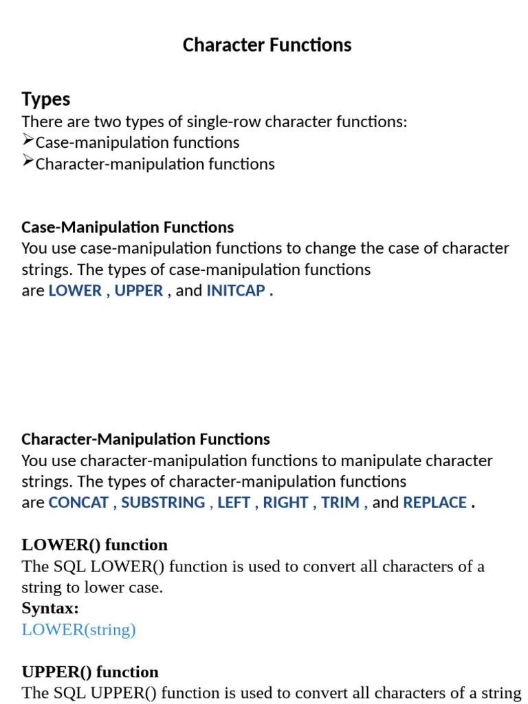 SQL Character Functions Overview | PDF | String (Computer Science ...