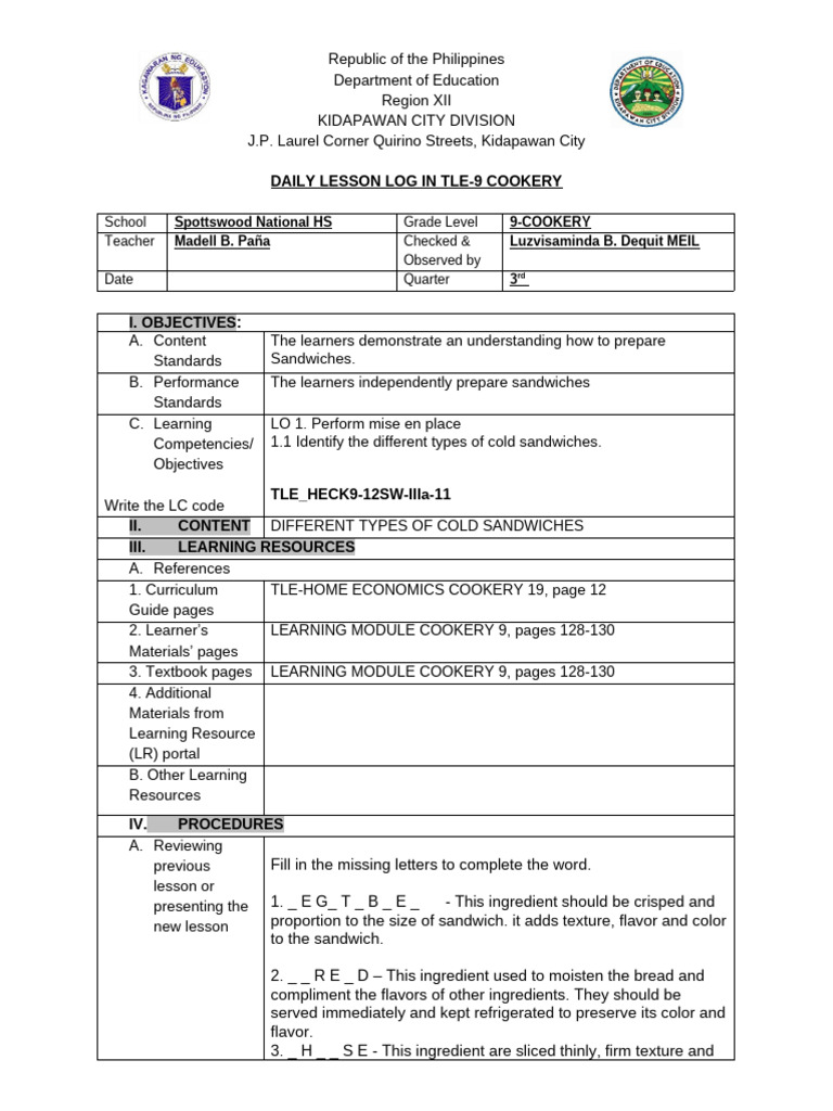 Lesson-Plan.-Cookery-9-Cold-Sandwiches (2) | PDF | Sandwich | Breads