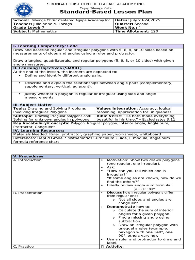 LESSON PLAN FORMAT - Copy | PDF | Polygon | Angle