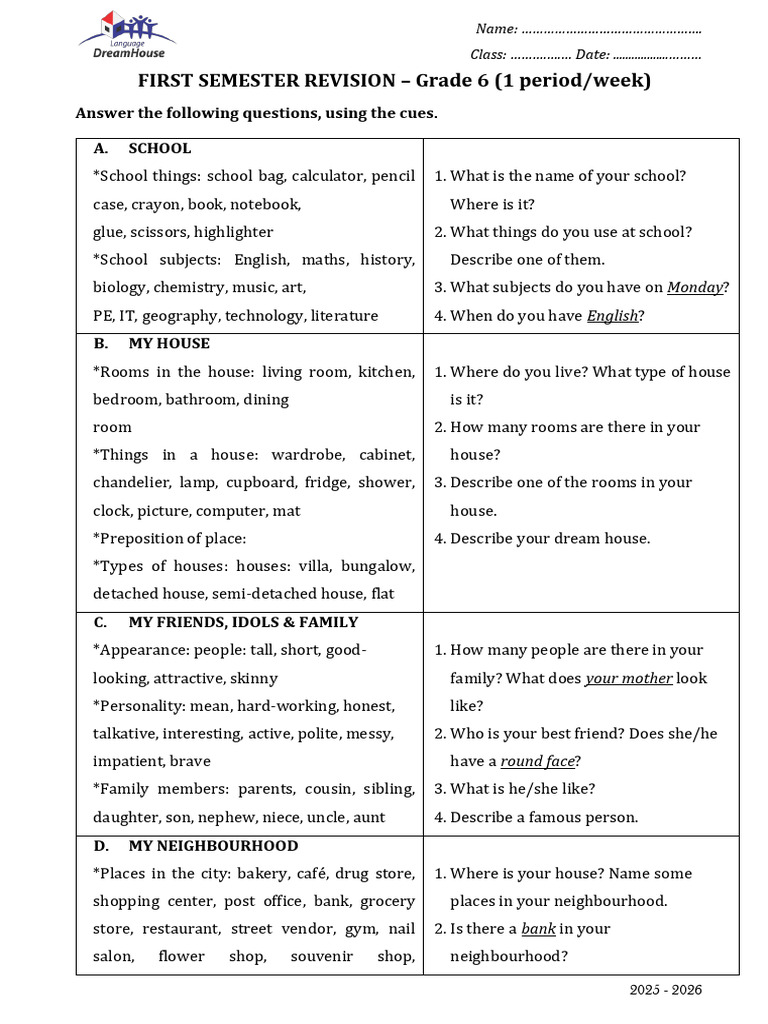 Grade 6 First Semester Revision Guide | PDF | Home