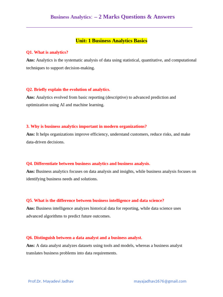 Business Analytcs 2 matks Q & A | PDF | Analytics | Data