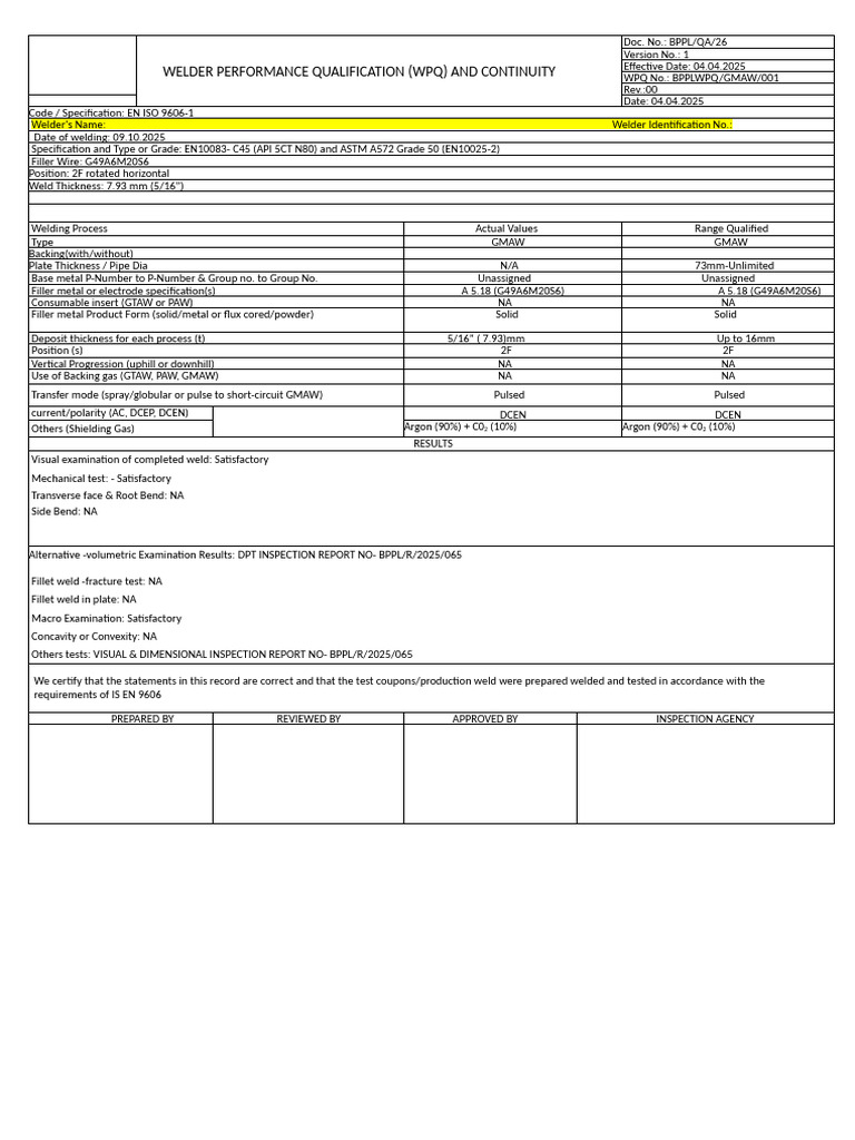 Welder Performance Qualification Document | PDF | Welding | Construction