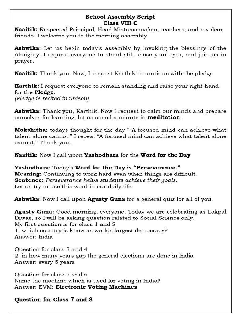 Class VIII C School Assembly Script | PDF