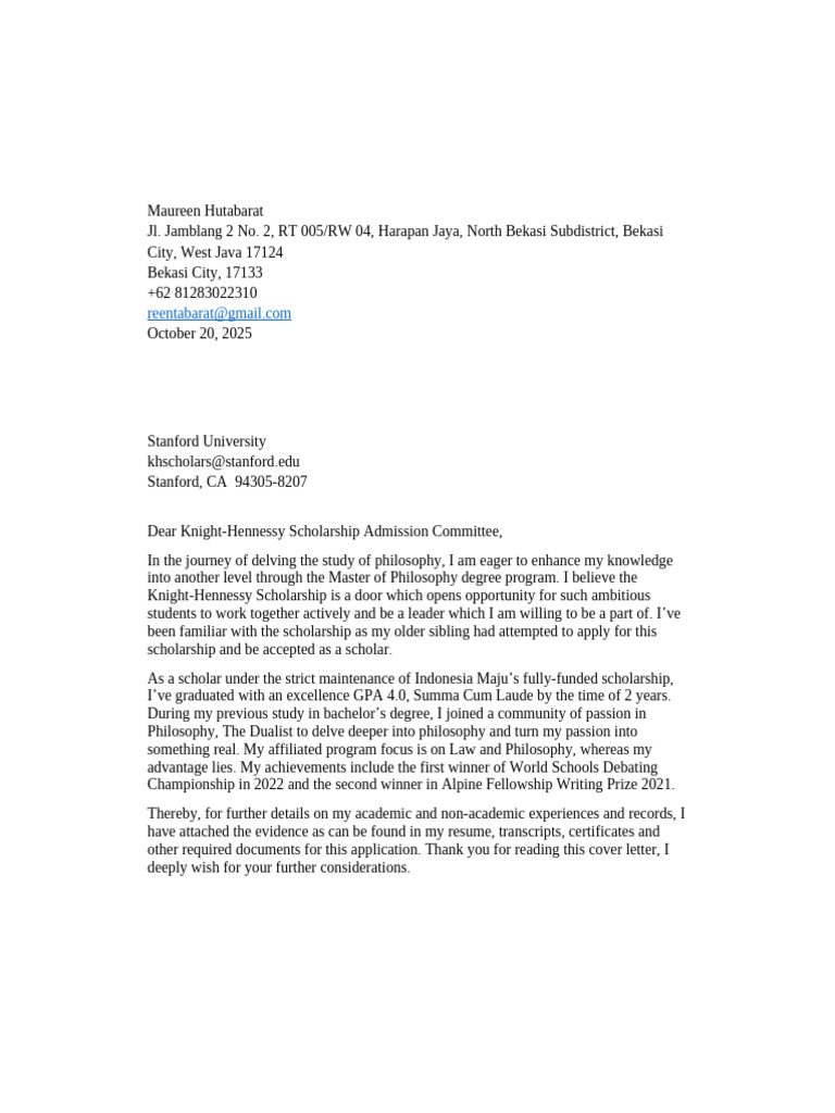 Knight-Hennessy Scholarship Application Letter | PDF