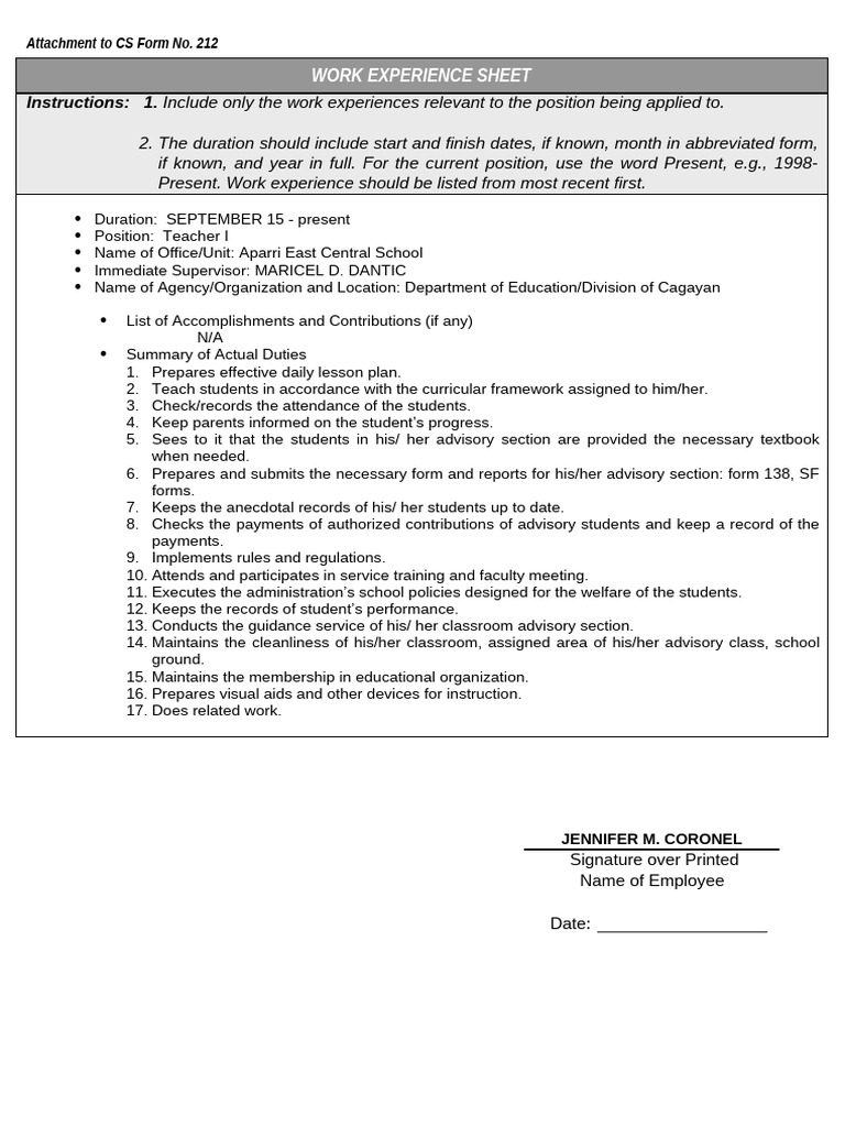 Teacher I Work Experience Sheet | PDF | Chess | Chess Theory