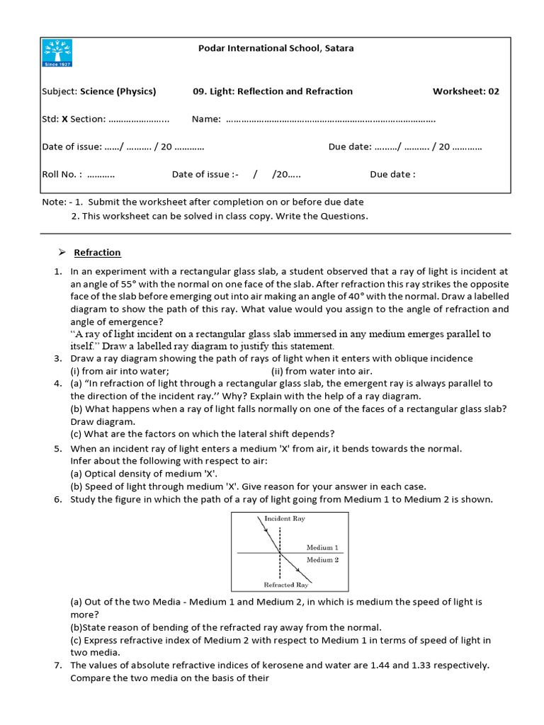 Physics Worksheet on Light Refraction | PDF | Refractive Index | Refraction
