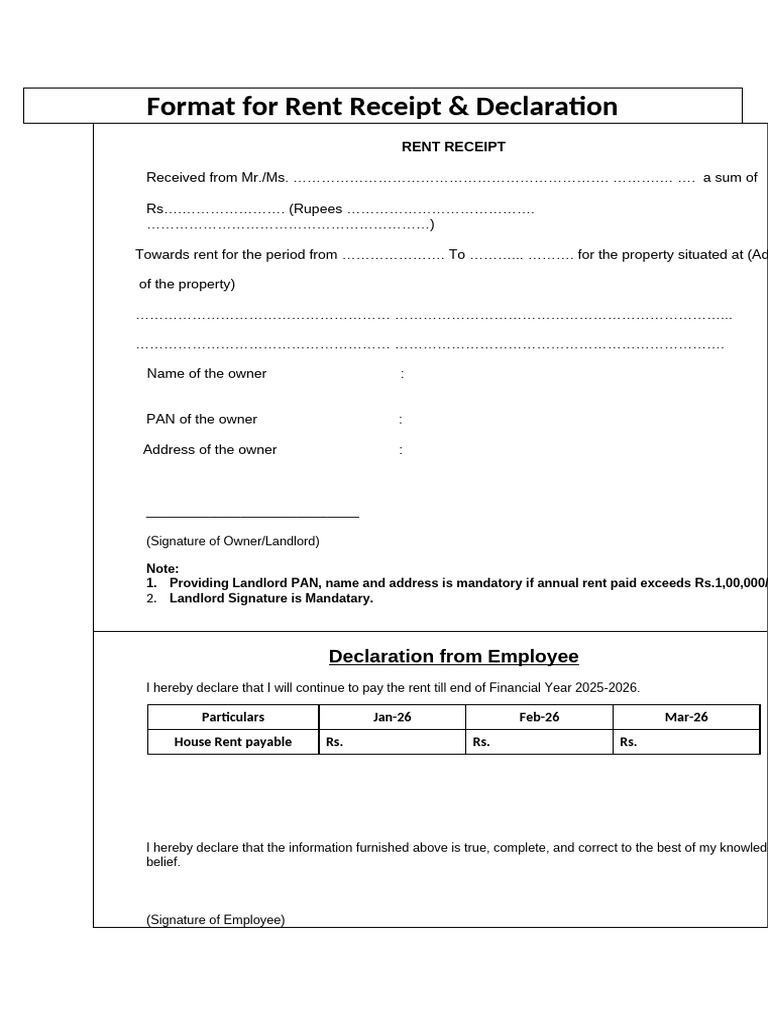 Rent Receipt and Declaration Format | PDF