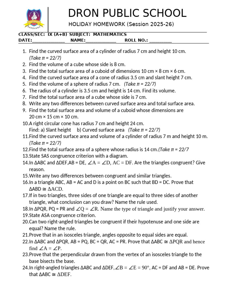 IX Mathematics Holiday Homework 2025-26 | PDF