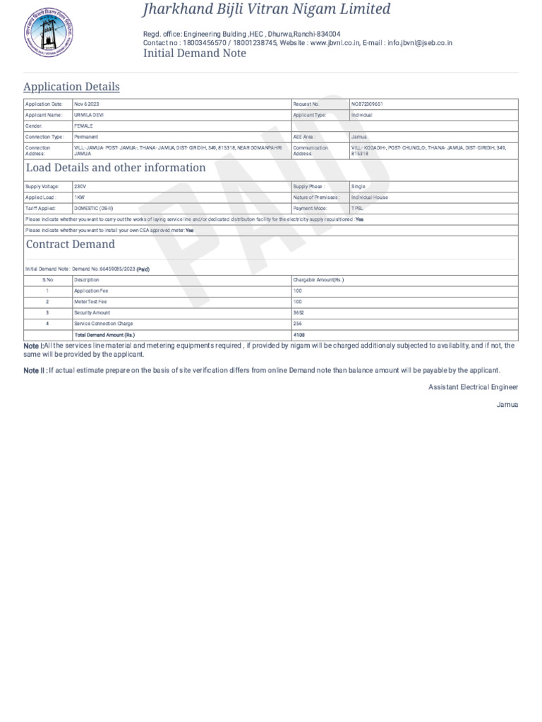 Demand Note | PDF | Electromagnetism | Power (Physics)