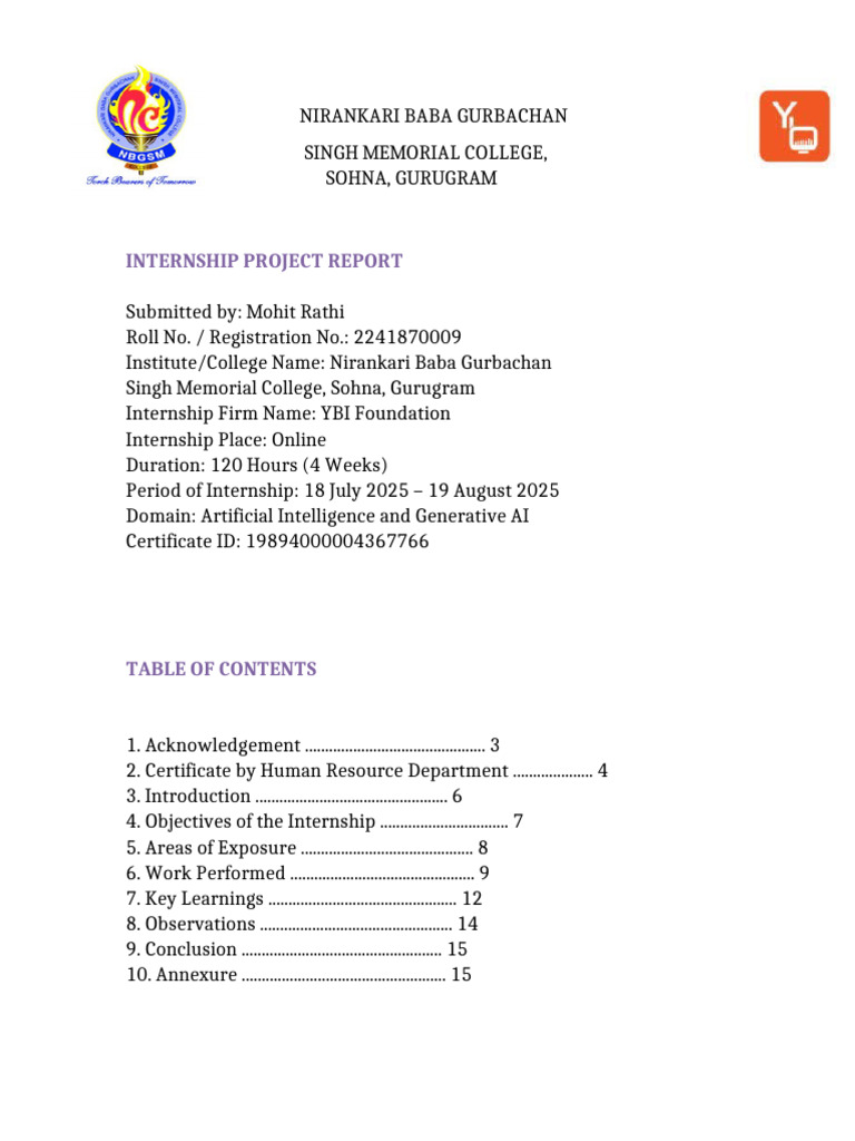 AI Internship Report at YBI Foundation | PDF | Artificial Intelligence ...