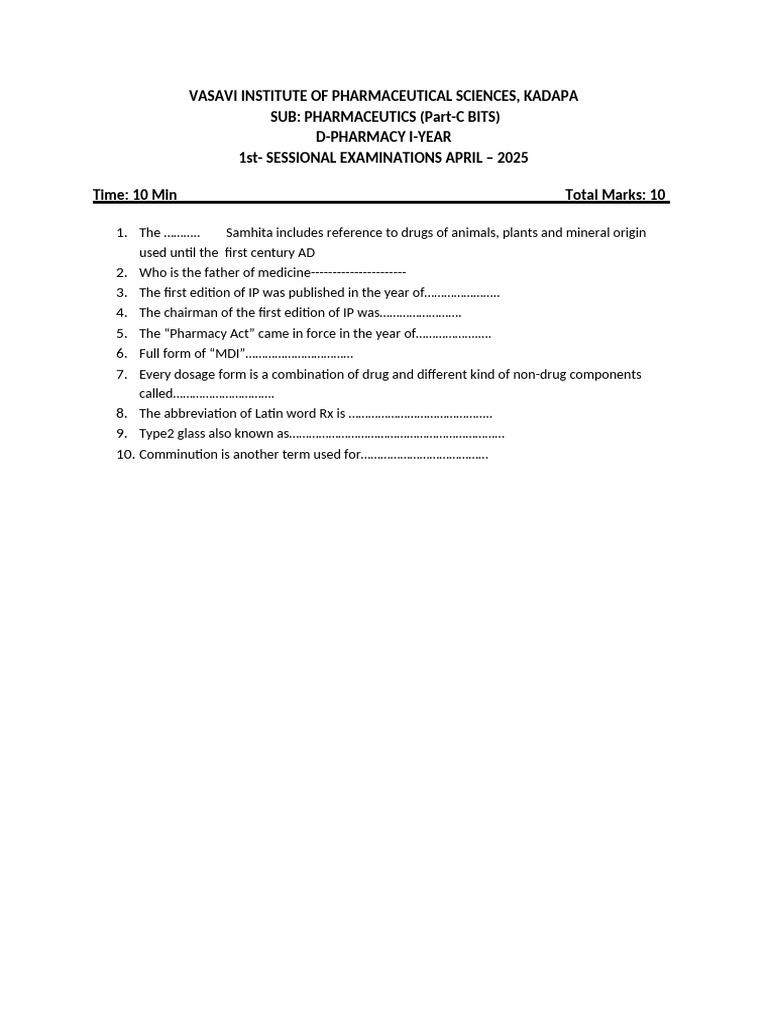 D-Pharmacy Exam Questions 2025 | PDF | Pharmacy | Health Sciences
