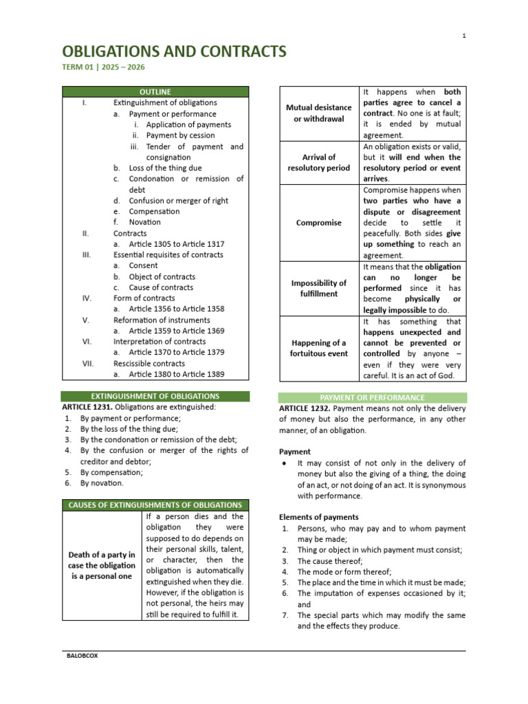 Obligations and Contracts Overview | PDF | Payments | Legal Tender