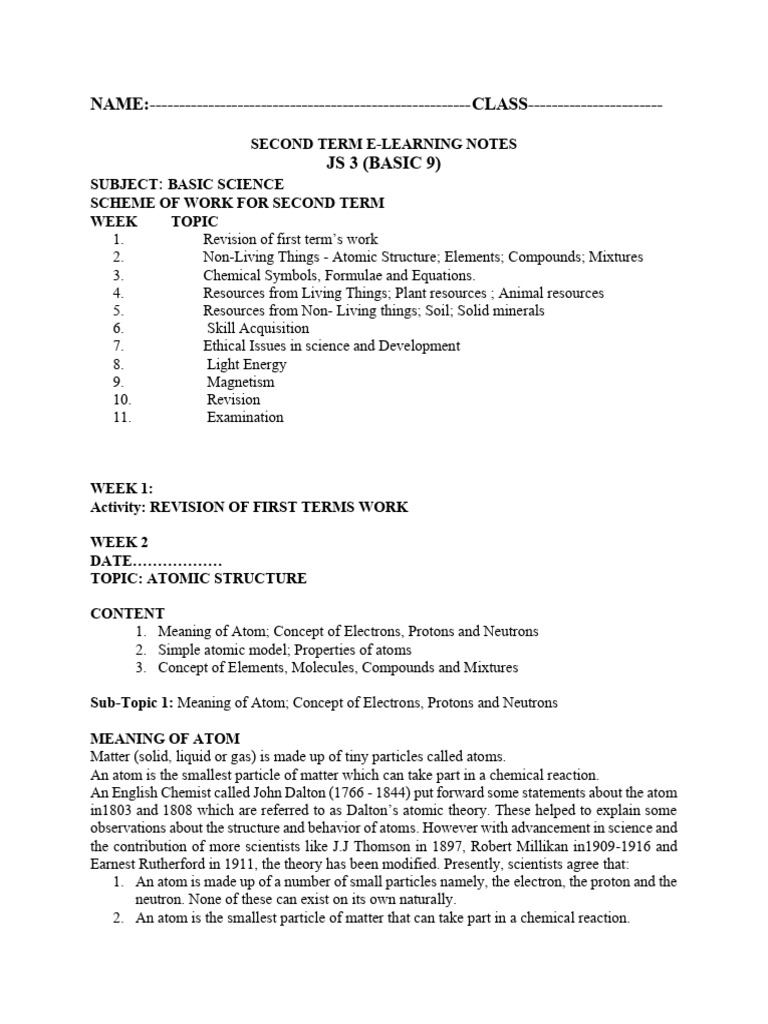Second Term Basic Science Notes | PDF | Atomic Nucleus | Atoms