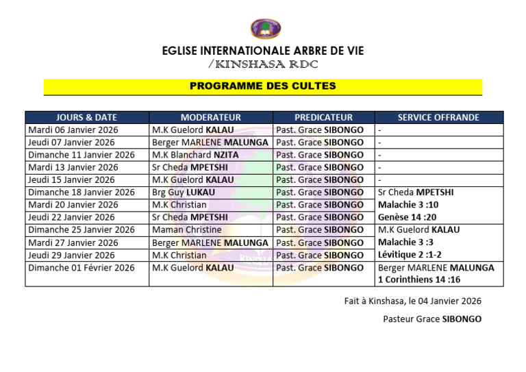 Programme des cultes - Église Arbre de Vie | PDF