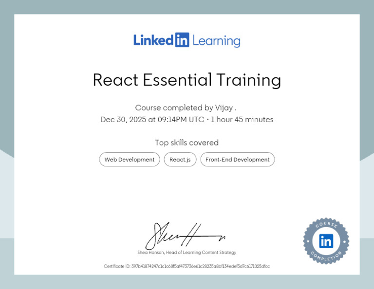 CertificateOfCompletion - React Essential Training | PDF