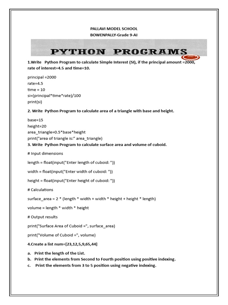 Python Programs for Grade 9 Students | PDF | Area | Length