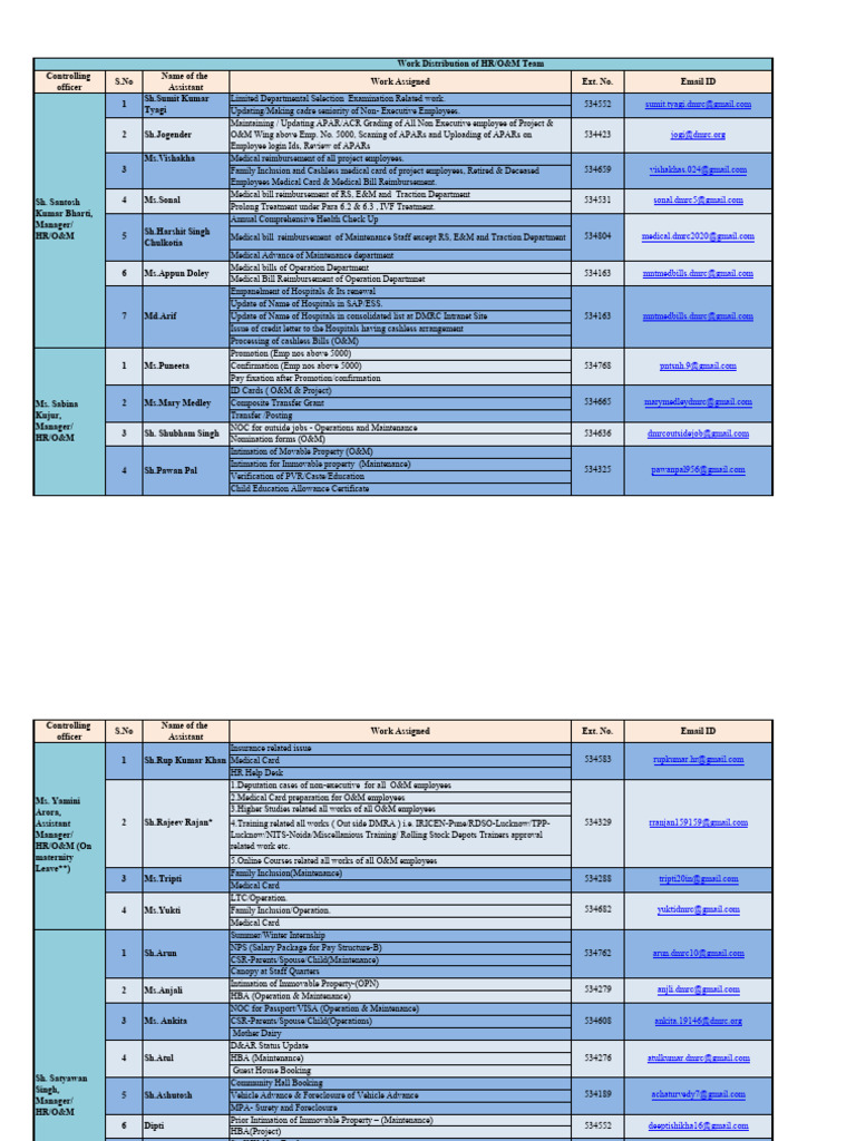 HR Work Distribution for DMRC O&M Team | PDF
