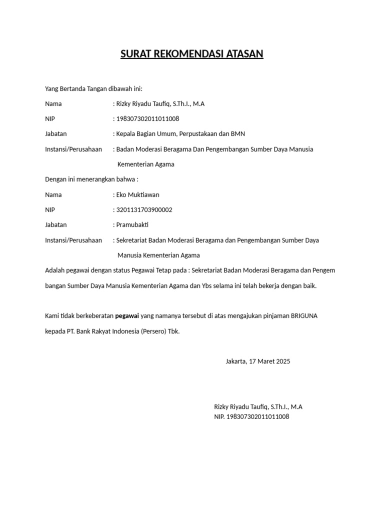 Surat Rekomendasi Atasan Briguna | PDF
