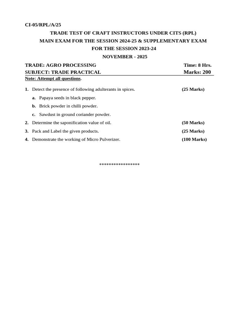 Agro Processing - Practical QP | PDF