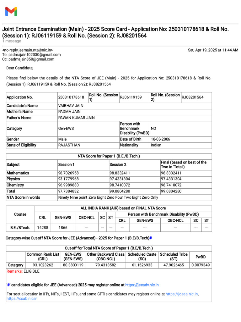 Gmail - Joint Entrance Examination (Main) - 2025 Score Card ...