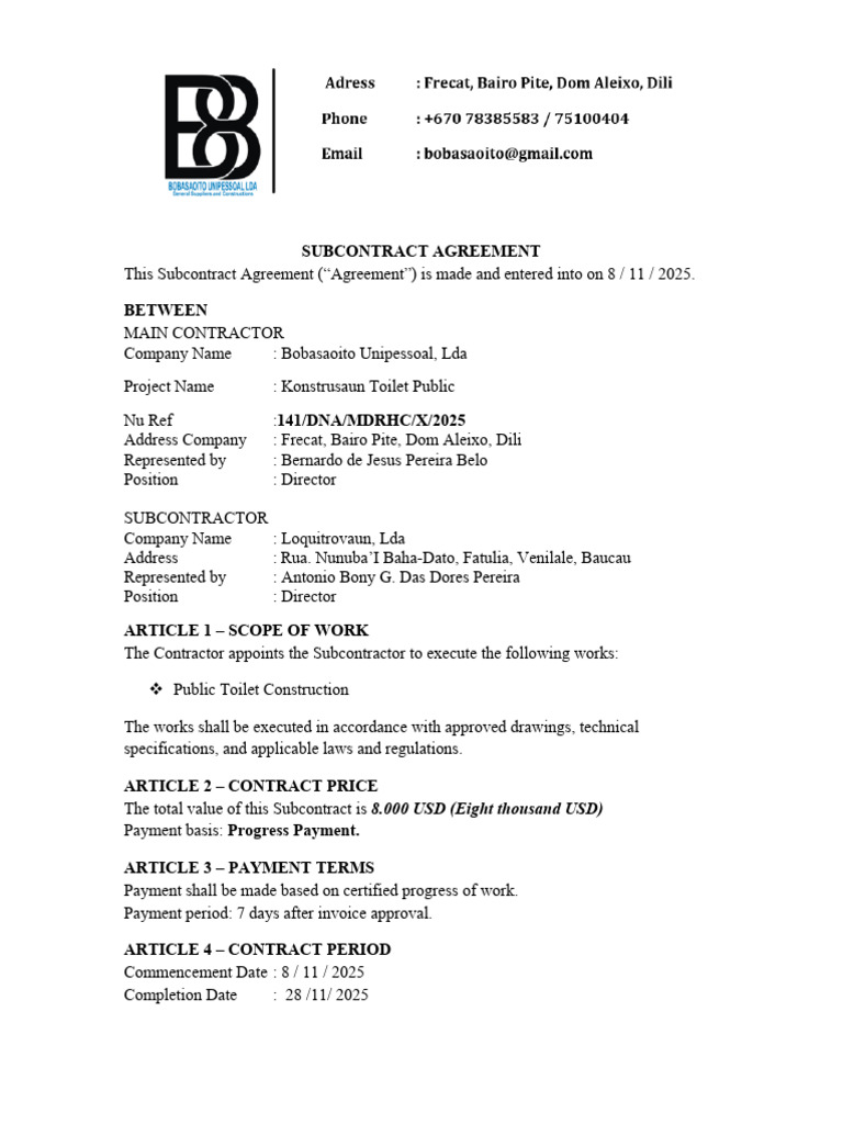 Subcontract Agreement for Toilet Construction | PDF | Subcontractor ...