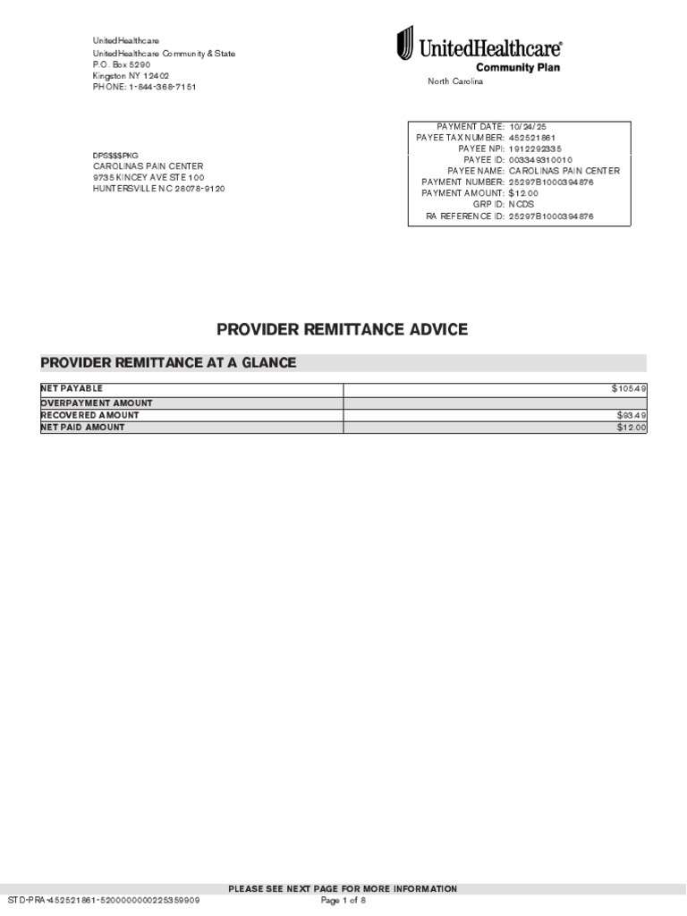 UnitedHealthcare Provider Remittance Advice | PDF | Health Insurance ...