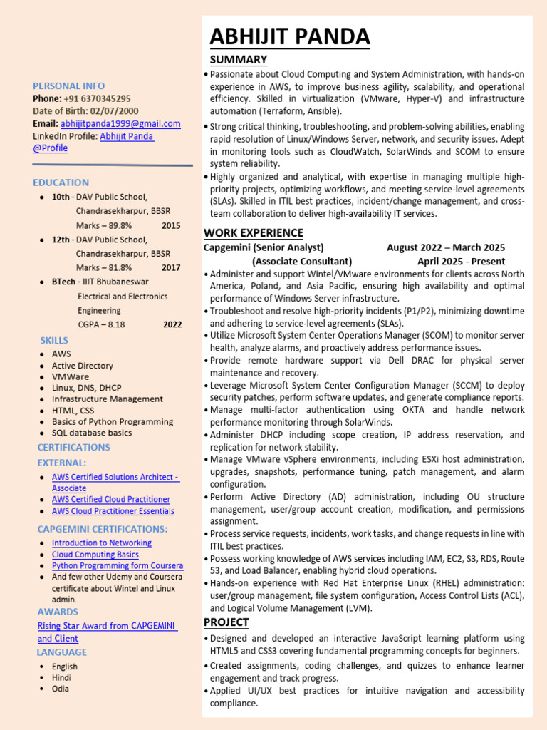 Abhijit Panda: Cloud & System Admin Resume | PDF | Cloud Computing ...