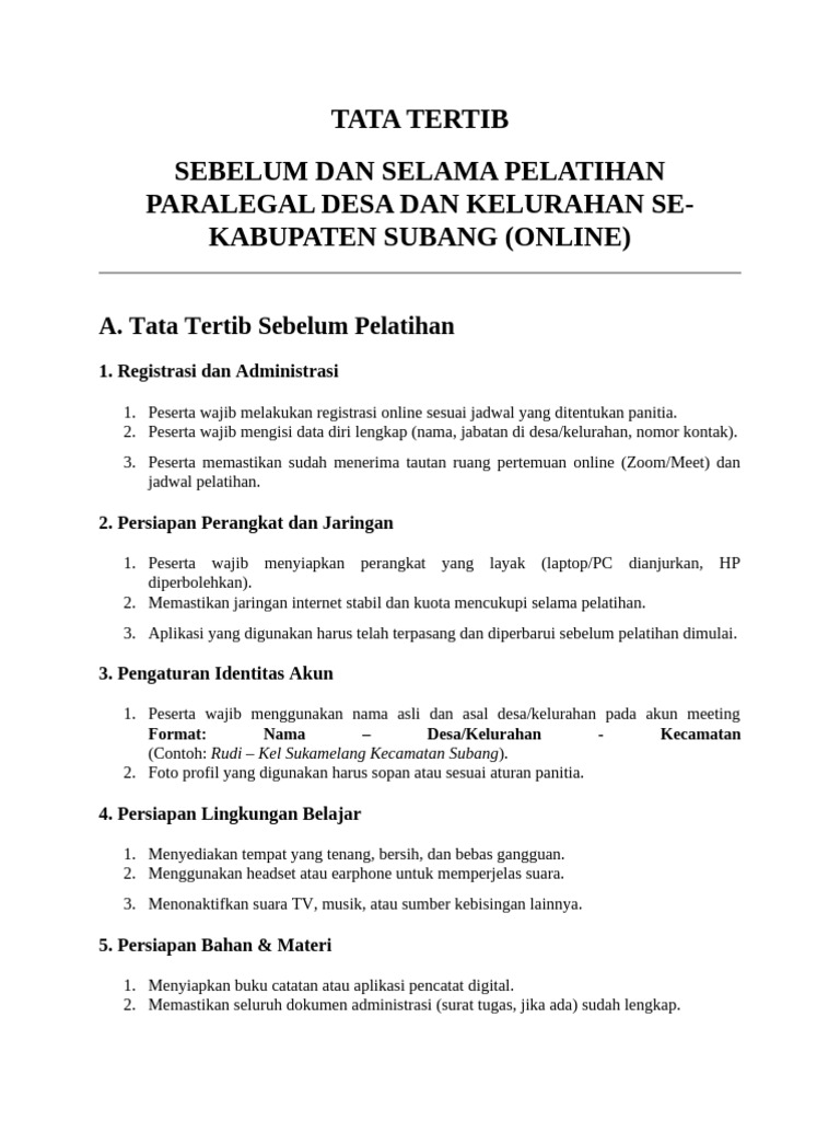 Tata Tertib Sebelum Dan Selama Pelatihan Paralegal Desa Dan Kelurahan ...