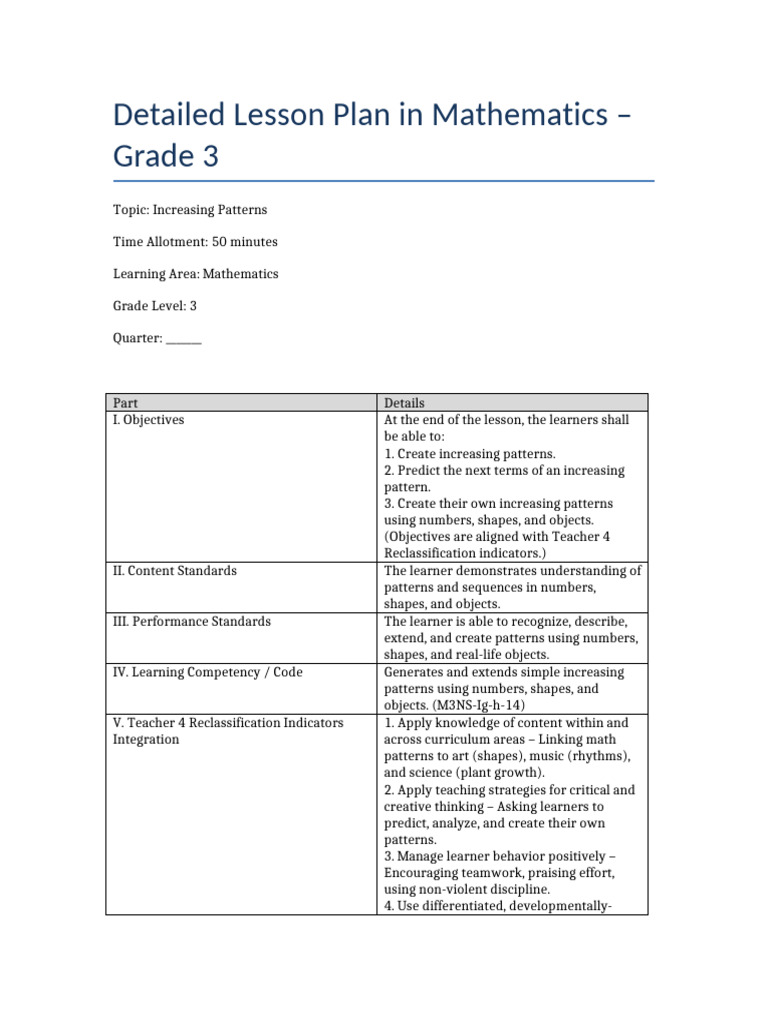 Grade 3 Lesson Plan: Increasing Patterns | PDF | Learning | Lesson Plan