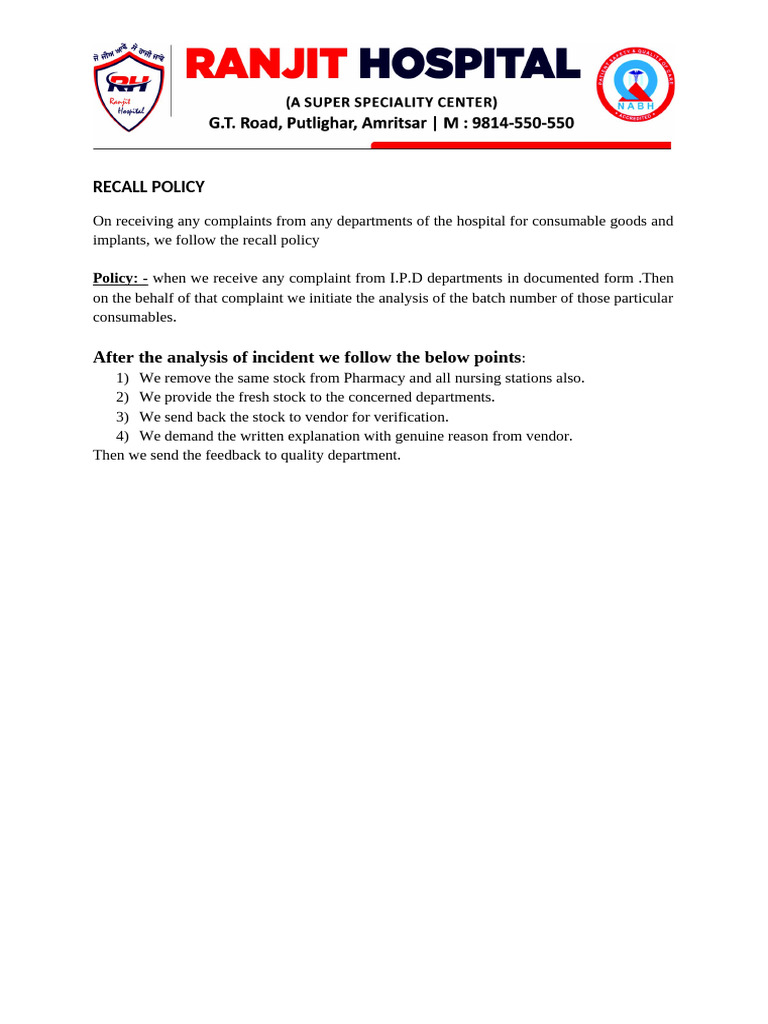 Hospital Consumables Recall Policy | PDF