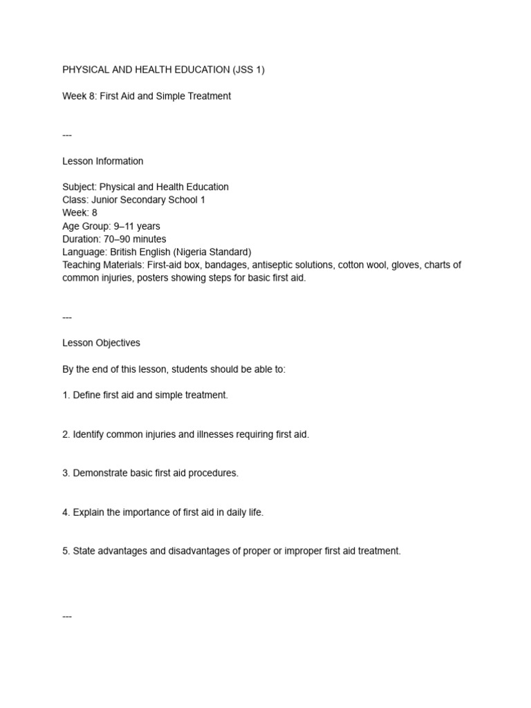 First Aid Basics for JSS 1 Students | PDF | First Aid | Medical Specialties