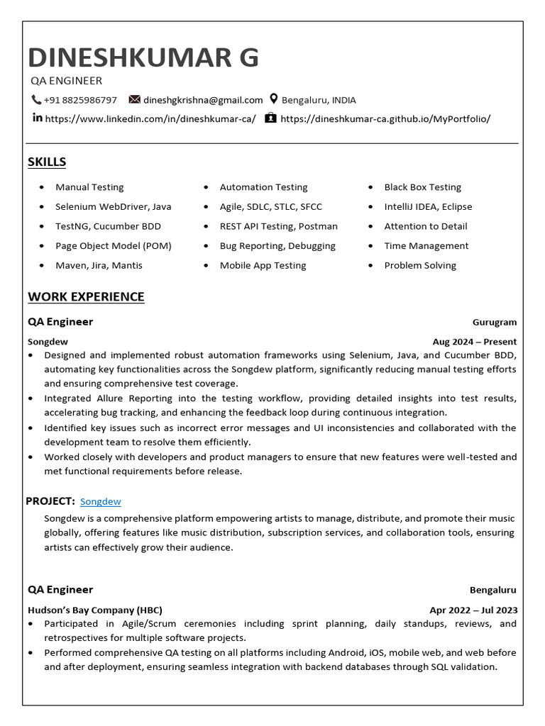QA Engineer Resume - Dineshkumar G | PDF | Software Testing | Selenium ...