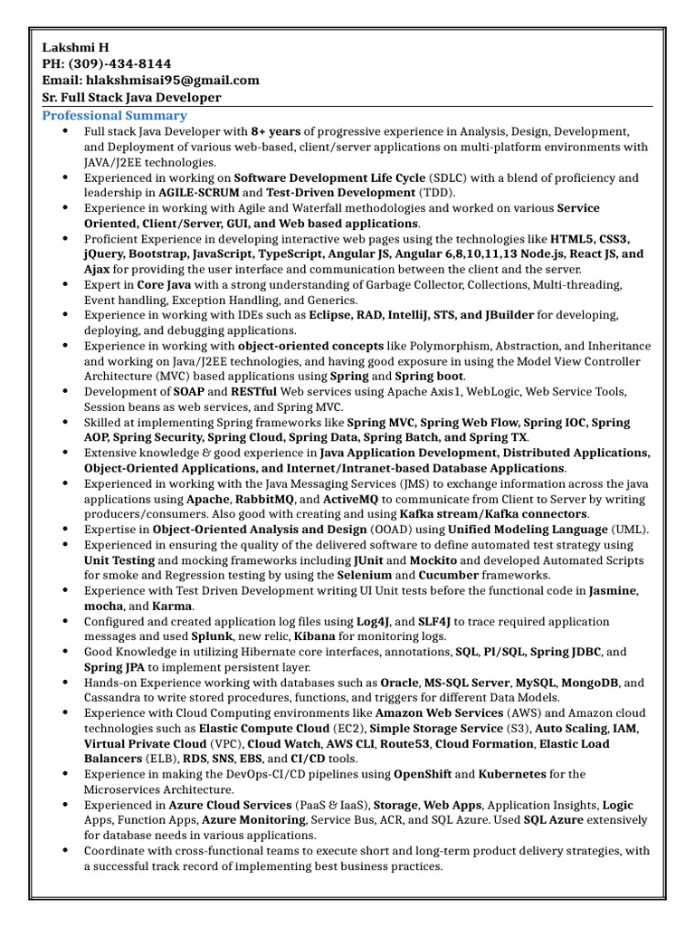 Senior Full Stack Java Developer Resume | PDF | Spring Framework ...